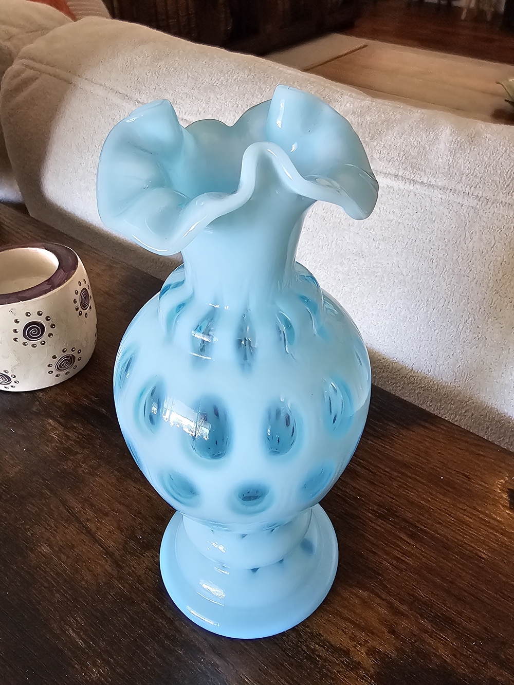 Fenton Blue Opaline Coin Dot Ruffled Art Glass Vase 6.5 Inch